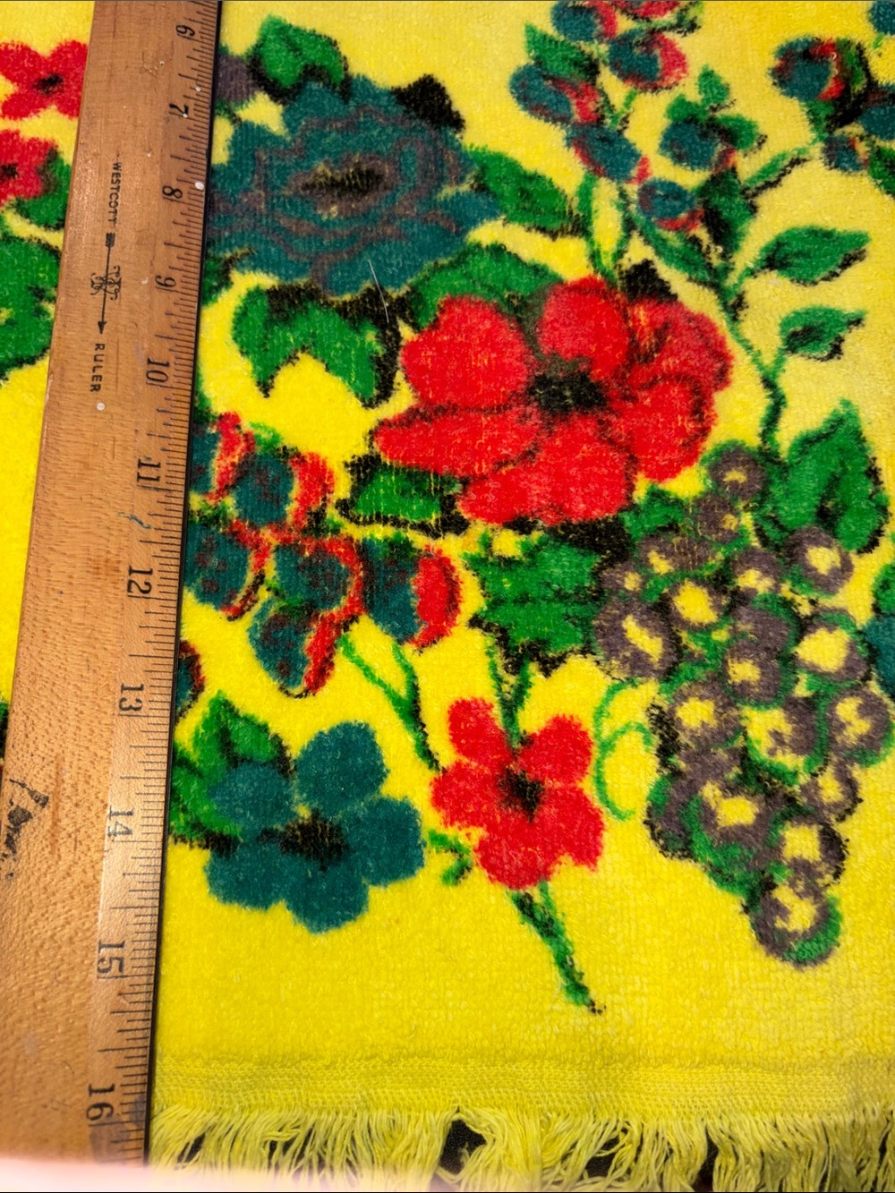 Vintage Bright Yellow Floral hand Towel with Red & Teal Flowers D3